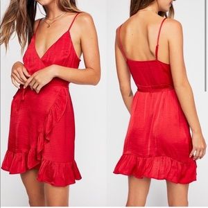 Free people all my love red wrap ruffle trim dress satin
